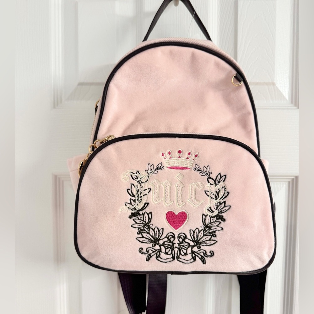 NWT Juicy Couture Mini Pink Velvet Backpack with Black Straps